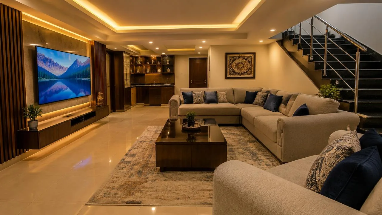 Finished full-basement family TV lounge