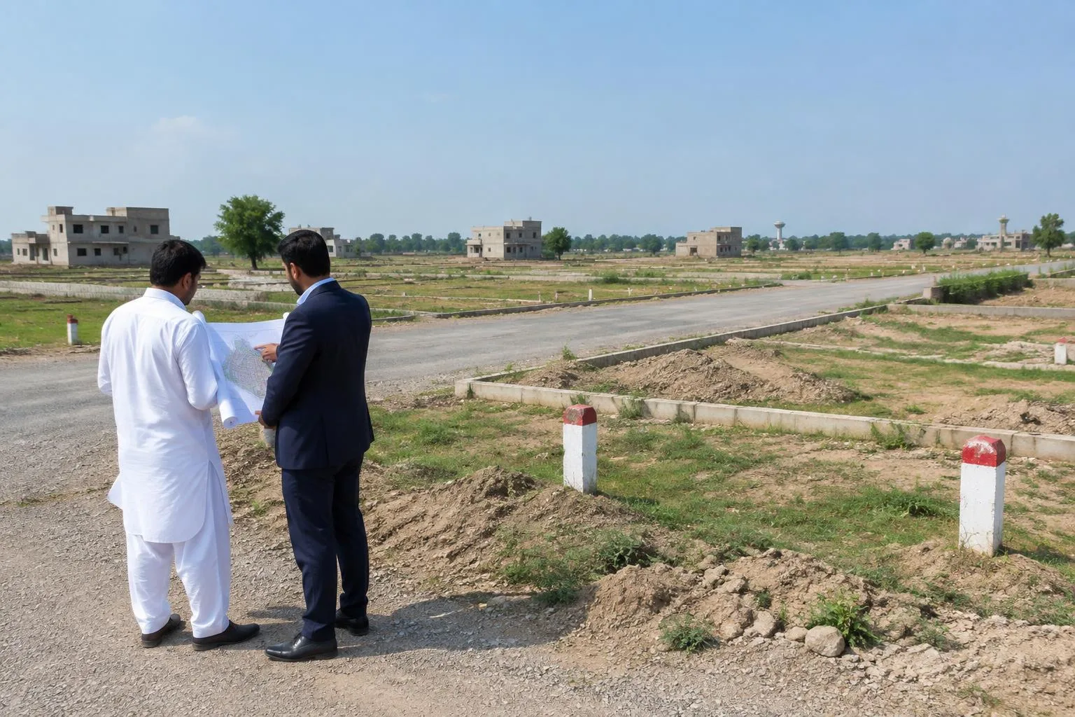 AI-generated illustration of a buyer and agent inspecting an undeveloped plot site