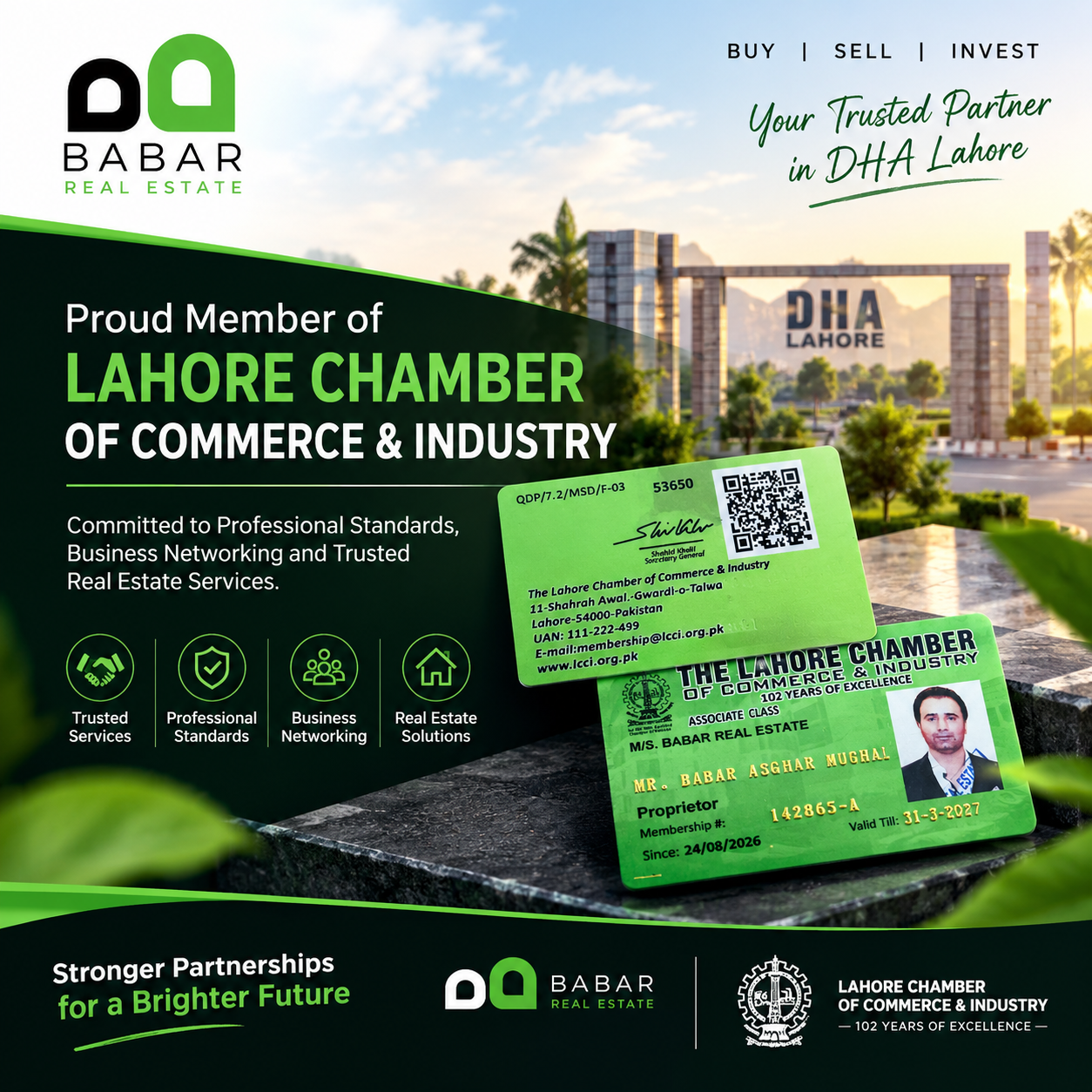 LCCI Membership Card — Babar Real Estate, Member of the Lahore Chamber of Commerce & Industry (Membership No. 142865-A)