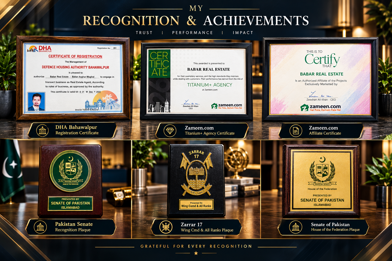 Babar Real Estate — Recognition & Achievements: DHA Bahawalpur Registration, Zameen.com Titanium+ Agency, Zameen.com Affiliate, and Pakistan Senate plaques