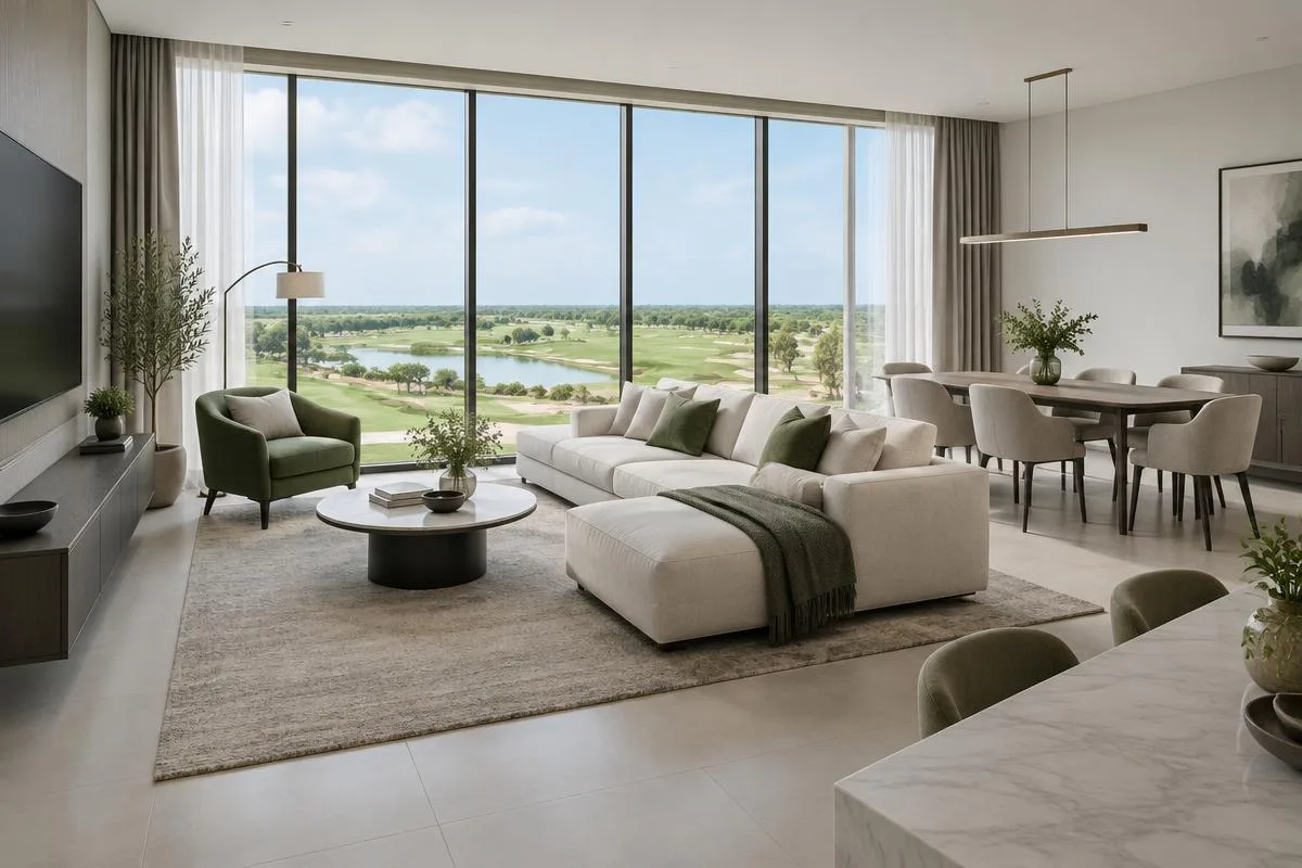 Illustrative modern apartment living room with a green outlook; not an actual DHA Raya interior