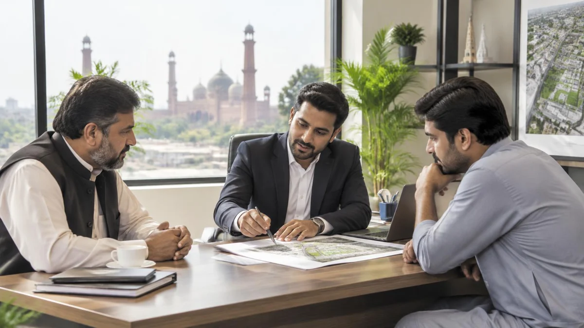 AI-generated illustration of a seller, buyer and adviser reviewing a property deal together