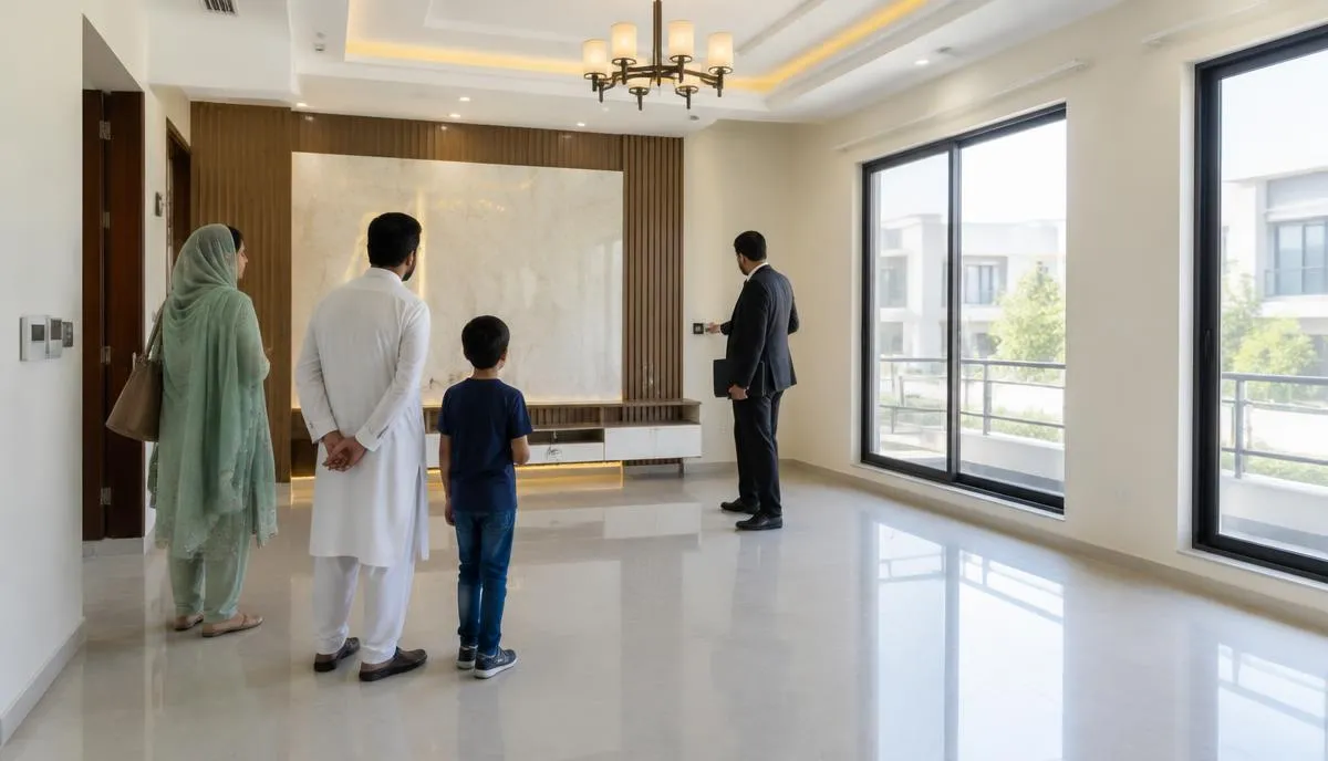 ڈی ایچ اے لاہور میں کرائے کا گھر دیکھتی فیملی اور ایجنٹ