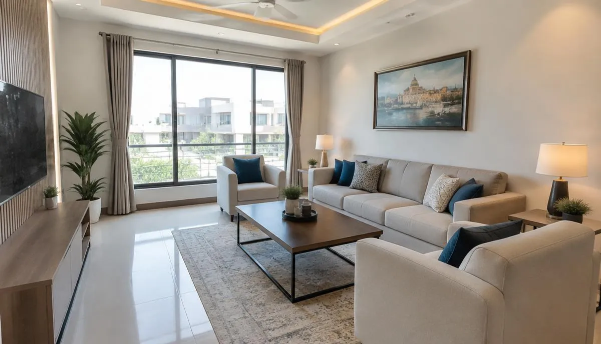 Bright furnished living room of a new 5 Marla house ready for tenants
