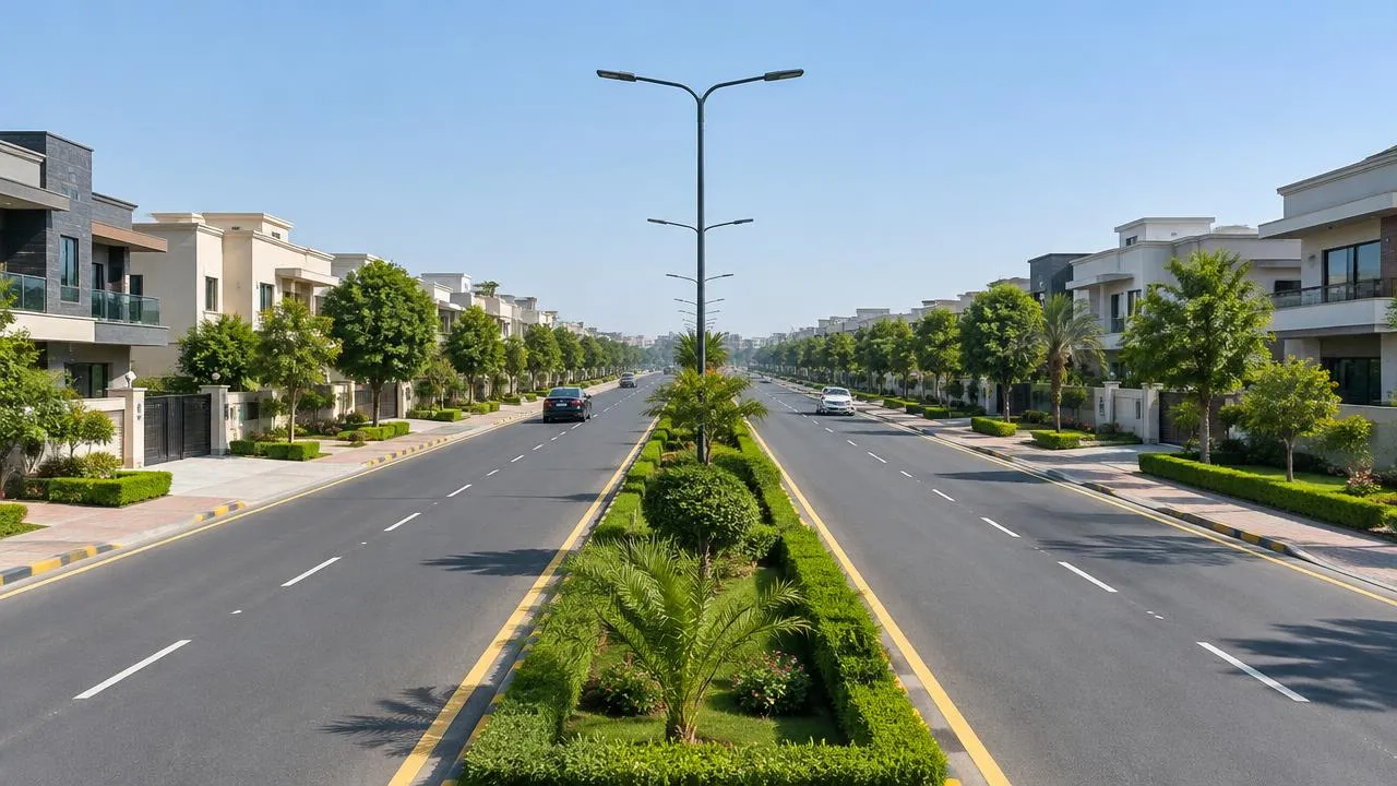 Main boulevard in DHA Lahore lined with houses and a green median