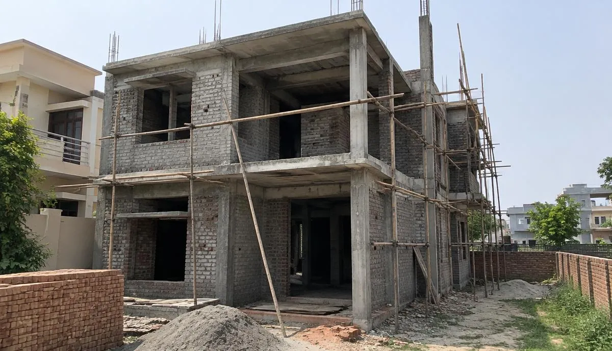 5 Marla house under construction with grey structure and scaffolding in Lahore